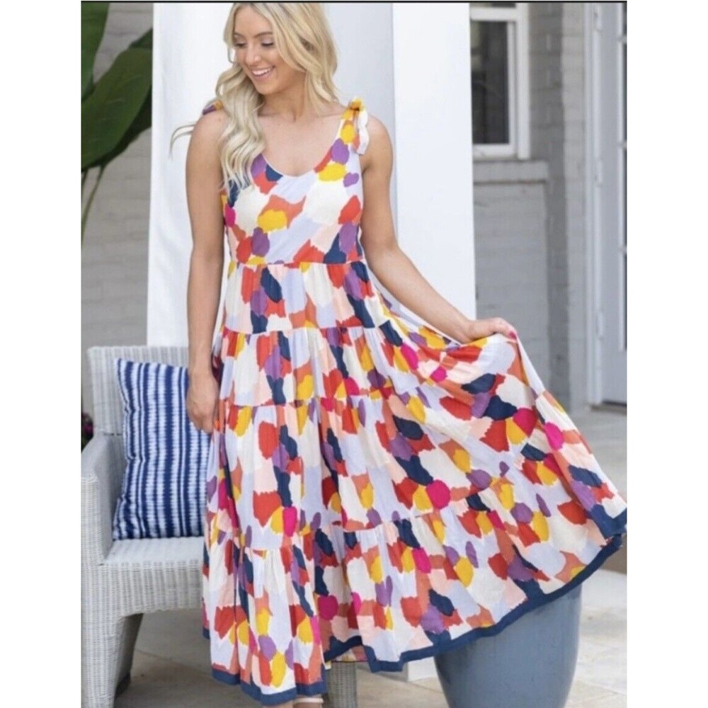NWT THML Mabli Multicolored Tiered Maxi Dress Small 100% Cotton